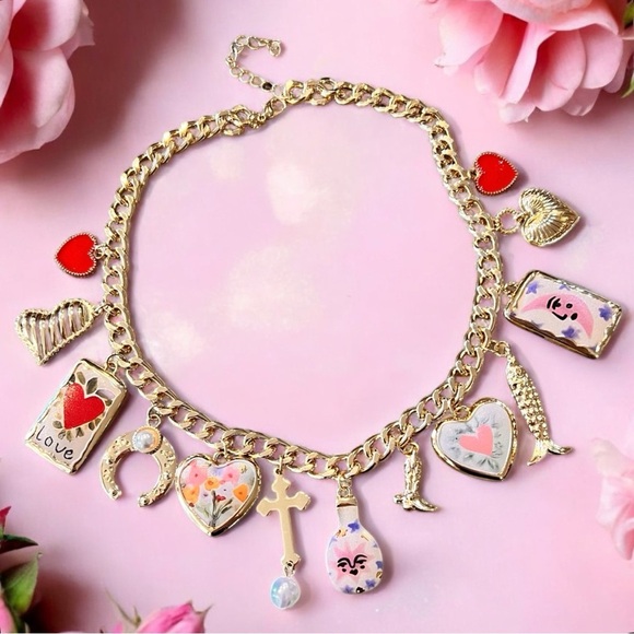 Gold toned chunky charm necklace with Heart and Love Accents - Picture 5 of 17